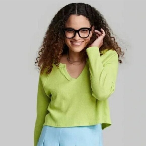NWT Wild Fable V-Neck Waffle Boxy T Shirt Long Sleeve Lime Green Sizes M, XL - Picture 1 of 2